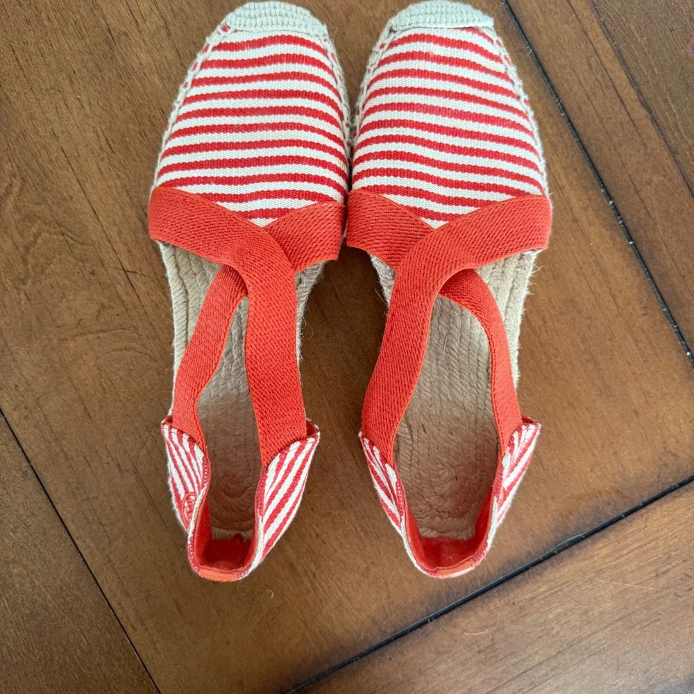 Tory Burch Red White Striped Canvas‎ Elastic Strap Espadrille Flats 8